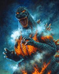 burning_godzilla claws colored_sclera dinosaur epic giant giant_monster glowing glowing_eyes glowing_veins godzilla godzilla_(series) godzilla_vs._destoroyah jason_edmiston kaiju looking_at_viewer monster night no_humans official_art open_mouth orange_sclera pointy_ears roaring sharp_teeth smoke spikes steam teeth toho tongue veins yellow_eyes