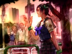 Rule 34 | 1boy, 2girls, bangle, black hair, blue bow, bow, bracelet, brown eyes, from side, game cg, hirano miharu, jewelry, kawano takuji, ling xiaoyu, multiple girls, official art, open mouth, pleated skirt, sailor collar, school uniform, serafuku, short sleeves, skirt, tekken, tekken 4, waving