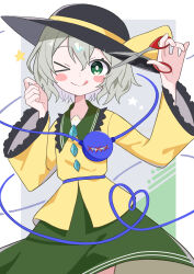 &gt;_o 1girl absurdres black_hat blush_stickers closed_mouth cowboy_shot frilled_shirt frills green_eyes green_skirt grey_hair hands_up hat highres holding holding_scissors komeiji_koishi long_sleeves looking_at_viewer norimi_(01norimi28) one_eye_closed scissors shirt short_hair skirt smile solo standing star_(symbol) touhou yellow_shirt