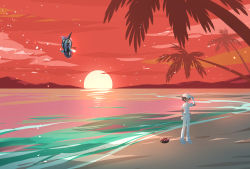 1boy aether_foundation_employee aether_foundation_employee_(male) banned_artist brown_hair cloud commentary_request dark-skinned_male dark_skin forgotten_artist gen_7_pokemon gloves hand_on_headwear hand_up hat jumpsuit legendary_pokemon male_focus nintendo outdoors palm_tree pokemon pokemon_(creature) pokemon_sm pyukumuku sand shoes shore short_hair sky standing sunset tapu_fini tree twilight water white_footwear white_gloves white_headwear white_jumpsuit