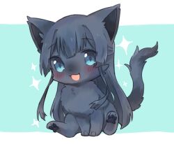 animal animal_focus animalization black_fur black_hair blue_background blush cat full_body happy idolmaster idolmaster_million_live! long_hair looking_at_viewer mogami_shizuka nako_(user_wnnm5534) no_humans open_mouth sitting smile solo sparkle