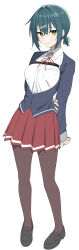 1girl absurdres aoyagi_(888) arms_behind_back black_pantyhose black_shoes blazer blue_hair blue_jacket blush breasts chest_belt collared_shirt commentary_request curled_fingers eyebrows_hidden_by_hair framed_breasts full_body hair_intakes hair_ornament hairpin highres holding_own_arm jacket kawai_ritsu_(rits_meg) loafers long_sleeves looking_at_viewer low_ponytail medium_breasts miniskirt neck_ribbon original pantyhose pleated_skirt ponytail red_ribbon red_skirt ribbon school_uniform shirt shoes short_hair sidelocks simple_background skirt smile solo underbust white_background x_hair_ornament yellow_eyes