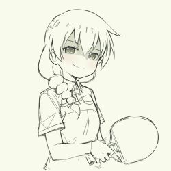 Rule 34 | 1girl, blush, braid, closed mouth, collared shirt, female focus, grey background, greyscale, hair between eyes, hair over shoulder, holding, looking at viewer, monochrome, paddle, pas (paxiti), sasorida sachiko, shaded face, shakunetsu no takkyuu musume, shirt, short sleeves, simple background, sketch, smile, solo, spot color, table tennis paddle, upper body, wing collar