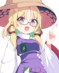 1girl absurdres bespectacled blonde_hair brown_hat colored_inner_hair commentary_request darumoon glasses green_hair hand_up hat high-waist_skirt highres index_finger_raised long_sleeves looking_at_viewer moriya_suwako multicolored_hair open_mouth purple_skirt purple_vest red-framed_eyewear semi-rimless_eyewear short_hair simple_background skirt solo touhou turtleneck under-rim_eyewear upper_body vest white_background wide_sleeves yellow_eyes