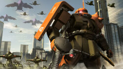 Rule 34 | aircraft, army, building, cannon, cityscape, cloud, dopp, dust cloud, english text, fleet, flying, gaw, glowing, glowing eye, gun, gundam, highres, looking at viewer, machine gun, machinery, magella attack, mecha, mecha focus, military vehicle, mobile suit, motor vehicle, one-eyed, realistic, robot, roundel, s.hasegawa, science fiction, scope, shield, shoulder spikes, spikes, tank, turret, victory, weapon, window, zaku ii, zaku ii s, zeon