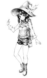1girl bag belt boots breasts commentary_request full_body gloves goggles goggles_around_neck greyscale haruhito_(divineshalt) hat highres looking_at_viewer monochrome original satchel short_hair short_shorts shorts simple_background small_breasts smile solo witch witch_hat