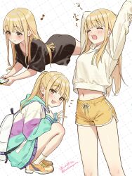 1girl backpack bag bare_legs black_shirt blush closed_eyes closed_mouth commentary_request dolphin_shorts fujita_kotone gakuen_idolmaster grid_background highres hoshinopurin idolmaster looking_at_viewer lying midriff multiple_views musical_note navel on_stomach open_mouth oversized_clothes oversized_shirt shirt shorts simple_background squatting squeans stretching sweater t-shirt text_messaging twitter_username v variations white_sweater yawning yellow_shorts