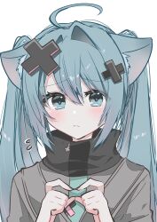 1girl absurdres ahoge animal_ear_fluff animal_ears aqua_eyes aqua_hair aqua_nails batsu_miku blush closed_mouth flying_sweatdrops grey_jacket hair_between_eyes hair_ornament hatsune_miku highres jacket kowareta_sekai_to_utaenai_miku long_hair project_sekai ria_art simple_background solo turtleneck turtleneck_jacket twintails upper_body very_long_hair vocaloid white_background x_hair_ornament
