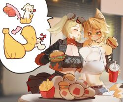 animal_ear_fluff animal_ears black_jacket black_skirt blonde_hair blush body_fur breasts burger burnice_white cat cat_ears cat_girl cleavage crop_top cup disposable_cup eyewear_on_head fast_food food food_wrapper french_fries furry furry_female green_eyes highres holding holding_burger holding_food hugging_another&#039;s_tail hugging_tail jacket mcdonald&#039;s multiple_girls open_mouth pulchra_fellini skirt sunglasses tail tinted_eyewear twintails utta zenless_zone_zero