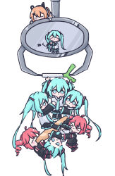 &gt;_&lt; 6+girls a.i._voice absurdres adachi_rei ahoge aqua_eyes aqua_hair aqua_necktie baguette black_boots black_shirt black_skirt black_sleeves boots bread chibi chibi_only clone closed_eyes cott_(cott_5) crane_game drill_hair food food_in_mouth grey_shirt hair_ornament hanging hatsune_miku highres kasane_teto long_hair long_sleeves mini_person minigirl multiple_girls necktie open_mouth orange_hair pleated_skirt red_hair shirt skirt spring_onion twin_drills twintails utau vocaloid white_background
