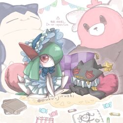artist_name banette bewear blue_dress book candy clothed_pokemon colored_skin crayon dress food gen_1_pokemon gen_3_pokemon gen_7_pokemon ghost green_hair green_skin hair_over_one_eye heart heart-shaped_pillow highres horns kirlia muku_jirushi multicolored_skin nintendo pillow pink_eyes pokemon pokemon_(creature) sidelocks snorlax stuffed_toy two-tone_skin white_skin