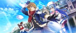 1boy 2girls aqua_(konosuba) arm_up belt belt_buckle black_belt black_gloves blue_coat blue_eyes blue_hair blue_sky brown_hair buckle building clenched_hand coat day empty_eyes from_below fur-trimmed_coat fur_trim game_cg gloves hair_between_eyes hat highres holding holding_snowball kono_subarashii_sekai_ni_shukufuku_wo! konosuba!_fantastic_days long_hair looking_at_another looking_back megumin mitsurugi_kyouya mittens motion_blur multiple_girls official_alternate_costume official_art open_mouth outdoors outstretched_arm parted_lips protecting red_eyes red_scarf scarf shaded_face short_hair sidelocks sky smile snow snowball snowball_fight standing sunlight sweatdrop thighhighs v-shaped_eyebrows white_coat white_gloves white_hat white_mittens white_poncho white_thighhighs winter winter_clothes winter_coat