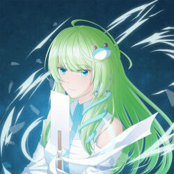 1girl ahoge detached_sleeves frog_hair_ornament green_eyes green_hair hair_ornament kochiya_sanae looking_to_the_side nontraditional_miko sleeveless snake_hair_ornament solo touhou wuze_zeei