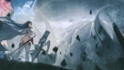 1girl ass azur_lane boots breasts cannon cape debris fighting_stance game_cg gloves hair_flowing_over highres jacket knight large_breasts long_hair non-web_source panties purple_hair rapier red_gloves rigging robot solo sword tentacles thigh_boots torpedo_tubes trafalgar_(azur_lane) underboob underwear water_drop weapon white_boots white_jacket white_panties