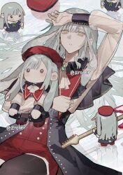 1girl 7-string_guitar alternate_species animal_ears arknights arm_over_head arm_up ascot bang_dream! bang_dream!_it&#039;s_mygo!!!!! beret black_capelet black_collar black_overskirt black_sleeve_cuffs capelet character_doll collar commentary cowboy_shot curled_fingers doll earrings erober frilled_collar frills from_above green_brooch green_hair hair_spread_out hat highres holding holding_doll jewelry knee_up long_hair long_sleeves looking_at_another lying mortis_(bang_dream!) mortis_(costume)_(bang_dream!) on_back parted_lips rabbit_ears red_capelet red_hat red_shorts reflective_floor ripples schecter_guitar see-through_clothes see-through_sleeves sentient_stuffed_toy shirt shorts unworn_headwear wakaba_mutsumi wakaba_mutsumi_(doll) weibo_username white_ascot white_shirt yellow_eyes