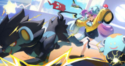 1girl :d absurdres bellibolt bow-shaped_hair breasts character_hair_ornament criss-cross_halter flong gen_4_pokemon hair_ornament halter_shirt halterneck happy highres iono_(pokemon) jacket long_hair long_sleeves luxray medium_breasts multicolored_hair nintendo open_mouth pantyhose pantyhose_under_shorts poke_ball poke_ball_(basic) pokemon pokemon_(creature) pokemon_sv purple_hair rotom rotom_phone shirt shorts single_leg_pantyhose sleeves_past_fingers sleeves_past_wrists smile teeth thigh_strap tongue twintails two-tone_hair upper_teeth_only wattrel yellow_jacket