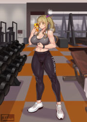1girl absurdres black_pants breasts cleavage fang full_body gym hair_ornament highres holding holding_phone indoors inuyama_aoi large_breasts looking_at_object navel pants phone shoes side_ponytail skin_fang solo sports_bra standing sweat thick_eyebrows thick_thighs thighs ti_tentacle toned toned_female watch weight_rack white_shoes wristwatch yurucamp