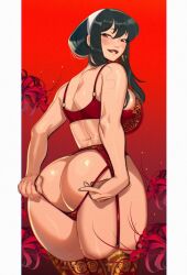 1girl ass back bare_shoulders black_hair bra breasts butt_crack earrings garter_belt garter_straps highres jewelry kukumomo lips lipstick looking_at_viewer makeup sideboob solo spy_x_family standing thighhighs underwear yor_briar