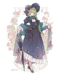 1girl black_dress bonnet bow braid closed_eyes closed_mouth dress facing_viewer flower frills full_body green_hair hat hat_flower high_heels holding lemon89h long_hair long_sleeves original pink_flower puffy_sleeves red_flower red_rose rococo_movement rose solo standing very_long_hair