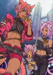 3girls ^_^ abs animal_ears bag belt black_gloves black_jacket black_pants black_shirt braid building cat_ears cat_girl cat_tail child city closed_eyes covered_collarbone crop_top cropped_jacket donut eating eutrope_(ff14) final_fantasy final_fantasy_xiv fingerless_gloves food from_below gloves green_eyes highres holding holding_donut holding_food jacket looking_at_another miqo&#039;te multicolored_hair multiple_braids multiple_girls navel neyuni_(ff14) open_clothes open_jacket open_mouth outdoors pants paper_bag pink_hair pink_jacket red_shorts reitomo shirt short_hair short_shorts shorts shoulder_belt siblings side_braid sisters slit_pupils smile standing streaked_hair tail toned toned_female yaana_(ff14) yellow_eyes