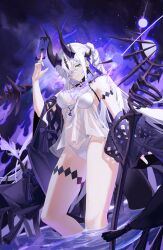 1girl absurdres arknights bikini black_horns breasts card chinese_commentary closed_mouth commentary earrings energy green_eyes hair_over_one_eye highres holding holding_card horns jewelry long_hair looking_at_viewer medium_breasts necrass_(arknights) necrass_(summer_flowers)_(arknights) official_alternate_costume one_eye_covered see-through_clothes smile solo staff standing star_(sky) swimsuit swimsuit_cover-up wading water white_bikini white_hair wolf_zzzzz