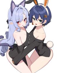 2girls absurdres animal_ears belle_(zenless_zone_zero) black_shirt blue_hair breast_press breasts cat_ears cat_tail commentary earrings fake_animal_ears fake_tail green_eyes hashtag-only_commentary highres jewelry long_hair looking_at_viewer medium_breasts multicolored_hair multiple_girls off_shoulder open_mouth rabbit_ears rabbit_tail shirt short_hair simple_background smile streaked_hair symbol-only_commentary symmetrical_docking tail vivian_banshee w.k white_background white_hair zenless_zone_zero