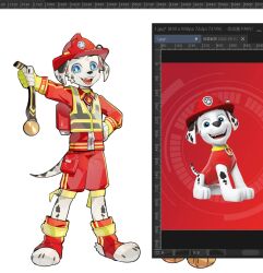 1boy animal art_program_in_frame blue_eyes body_fur chinese_commentary claws commentary_request dalmatian dog dog_boy firefighter full_body furrification furry furry_male hand_on_own_hip holding looking_at_viewer male_focus marshall_(paw_patrol) paw_patrol rakkasei_l shorts solo tail white_background white_fur