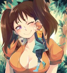 1boy 1girl absurdres blush breasts brown_hair chrabi cleavage closed_eyes diane_(nanatsu_no_taizai) full_body giant highres king_(nanatsu_no_taizai) kiss kissing_cheek medium_breasts medium_hair nanatsu_no_taizai one_eye_closed orange_hair purple_eyes size_difference smile twintails upper_body