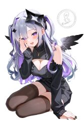 1girl amane_konata angel angel_wings black_bow black_nails black_sweater black_thighhighs bow breasts cable_knit cleavage cleavage_cutout clothing_cutout diamond_hair_ornament grey_hair hair_bow halo highres hololive large_breasts long_hair looking_at_viewer meme_attire multicolored_hair nail_polish open_mouth purple_eyes purple_hair smallpine_7 smile solo star_halo streaked_hair sweater thighhighs turtleneck turtleneck_sweater two_side_up virgin_killer_sweater virtual_youtuber wings
