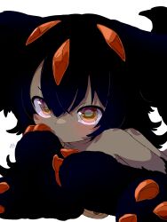 Rule 34 | 1girl, absurdres, alternate color, alternate hair color, bare shoulders, black fur, black hair, blush, brown eyes, claws, dark skin, extra arms, faputa, hand to own mouth, highres, horns, made in abyss, monster girl, sekaineko 001, simple background, solo, very dark skin, white background