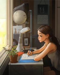 Rule 34 | 1girl, 1other, :d, bird, bracelet, braid, brown eyes, brown hair, calendar (object), desk, desk lamp, elbow rest, floral print, highres, holding, holding pen, jewelry, lamp, long hair, looking at animal, neck tattoo, on windowsill, open mouth, original, paper, pen, pencil case, plant, poster (object), potted plant, sam yang, shoulder tattoo, single braid, smile, sparkling eyes, studying, sunlight, tattoo, television, upper body, very long hair, volleyball, writing