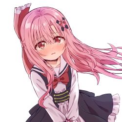 Rule 34 | 1girl, absurdres, artina fialard (yozakura souki), blush, bow, breasts, collarbone, dress, dutch angle, eyebrows hidden by hair, frilled dress, frills, frown, hair between eyes, hair ornament, hairclip, highres, jewelry, long bangs, long hair, long sleeves, looking at viewer, nose blush, open mouth, original, own hands together, pink hair, pleated dress, puffy sleeves, red bow, red eyes, sailor collar, school uniform, serafuku, sidelocks, sleeves past wrists, small breasts, solo, standing, two-tone dress, white background, yozakura souki