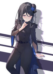 1girl absurdres belt black_belt black_hair black_pants blue_flower blue_rose buttons commentary_request cowboy_shot flower hair_flower hair_ornament highres hoshino_ichika_(project_sekai) light_blush long_hair looking_at_viewer pants project_sekai purple_eyes rose smile solo timmoo