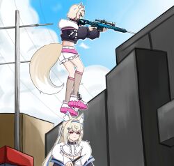 2girls animal_ear_fluff animal_ears black_coat black_jacket blonde_hair blue_eyes blue_hair buiwuynhchi555 coat counter-strike_(series) cropped_jacket dog_ears dog_girl dog_tail dress fuwawa_abyssgard fuwawa_abyssgard_(1st_costume) gameplay_mechanics gun highres holding holding_gun holding_knife holding_weapon hololive hololive_english jacket knife long_hair mococo_abyssgard mococo_abyssgard_(1st_costume) multicolored_hair multiple_girls olofboost pink_eyes pink_hair rifle short_hair shorts siblings sisters sniper_rifle standing_on_another&#039;s_head streaked_hair tail twins two-tone_hair virtual_youtuber weapon white_dress white_shorts