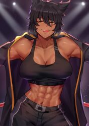 Rule 34 | 1girl, abs, animal ears, black hair, boxer, boxing, boxing ring, boxing shorts, breasts, cat ears, cat girl, cleavage, commentary, dark skin, deccatezu, english commentary, highres, leila (awastedninja), muscular, muscular female, original, paw print, short hair, shorts, smile, solo, spotlight, sweat, tank top, tongue, tongue out, yellow eyes