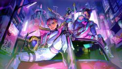 1girl 2boys animification apex_legends assault_visor belt black_belt black_gloves black_jacket black_shirt car catalyst_(apex_legends) city collared_shirt copyright_name crypto_(apex_legends) g7_scout gloves headphones helmet highres humanoid_robot jacket motor_vehicle multicolored_hair multiple_boys necktie nessie_(respawn) official_alternate_costume on_car open_hand pants pathfinder_(apex_legends) pink_eyes pink_necktie pink_pants purple_hair purple_jacket robot shirt shoes short_twintails sitting smile sneakers spread_legs streaked_hair sunglasses surround_sound_pathfinder technocrat_crypto technowitch_catalyst thundergotch twintails unworn_headwear unworn_helmet white_footwear white_jacket white_pants wraith_(apex_legends)
