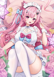 1girl :3 ahoge animal_ear_fluff animal_ears aqua_bow bandaid bandaid_hair_ornament belt black_choker blurry blurry_foreground blush bow breasts cat_choker cat_ears cat_girl choker commentary cushion dress fish_hair_ornament flower ghost_hair_ornament hair_bow hair_ornament hairclip heart heart_hair_ornament highres indie_virtual_youtuber kag_tsukimi large_breasts long_hair looking_at_viewer lying maid maid_headdress o-ring o-ring_choker on_back open_mouth paw_print pink_belt pink_dress pink_eyes pink_flower pink_hair short_sleeves smile solo symbol-only_commentary thighhighs thighs virtual_youtuber white_thighhighs white_wrist_cuffs wing_hair_ornament wrist_cuffs yuuki_sakuna