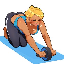 1girl absurdres ass black_eyes blonde_hair blue_shirt blush breasts breath cleavage closed_eyes commentary_request crop_top dark-skinned_female dark_skin exercise_wheel exercising highres komi-san_wa_komyushou_desu large_breasts lecca_aisu manbagi_rumiko open_mouth pants ponytail shirt side_ponytail solo sports_bra tight_clothes tight_pants yoga_mat yoga_pants