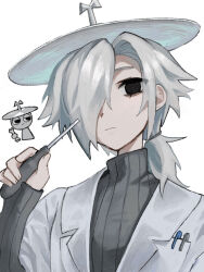 1boy black_eyes black_sweater closed_mouth clukr_(sprunki) coat cymbals fingernails grey_hair hair_between_eyes hair_over_one_eye holding incredibox instrument long_sleeves low_ponytail one_eye_covered personification ponytail short_ponytail sprunki sweater users_112681906_(pixiv) white_coat