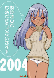 00s 1girl 2004 blush bottomless breasts covered_erect_nipples female_focus glasses haganemaru_kennosuke looking_at_viewer no_pants original panties ribbed_shirt shirt small_breasts smile solo tan thigh_gap thighs turtleneck underwear white_panties