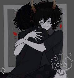 2boys ? absurdres alien bad_id bad_twitter_id black_hair black_pants black_shirt black_sweater cancer_(symbol) chibi chibi_inset closed_eyes colored_skin commentary diamond_(shape) english_commentary facing_away fangs flying_sweatdrops gamzee_makara grey_background grey_skin highres homestuck horns hug iina934 karkat_vantas long_horns makeup messy_hair multiple_boys muted_color orange_horns pants pointy_ears polka_dot polka_dot_pants runny_makeup shirt short_sleeves simple_background smile sweater troll_(homestuck) turtleneck turtleneck_sweater twitter_username two-tone_background yellow_nails