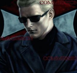 Rule 34 | 1boy, albert wesker, black coat, blonde hair, coat, commentary, commission, hair slicked back, highres, longwandb, male focus, portrait, resident evil, resident evil 5, solo, sunglasses, watermark