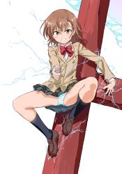 1girl :d absurdres action ahoge aiming aiming_at_viewer attack black_socks blazer blue_panties blush bob_cut bow bowtie breasts brown_eyes brown_hair brown_jacket brown_shoes brown_socks coin commentary dress_shirt electricity electrokinesis fantasy female_focus flower green_skirt grin hair_between_eyes hair_flower hair_ornament hairclip highres holding holding_coin incoming_attack jacket kuuchuu_yousai light_blush loafers looking_at_viewer magnetism messy_hair metal miniskirt misaka_mikoto open_mouth outstretched_arm panties pantyshot plaid_clothes plaid_skirt pleated_skirt psychic railgun red_bow red_bowtie school_uniform science_fiction shirt shoes short_hair simple_background skirt small_breasts smile socks solo spread_legs static_cling steel_beam striped_clothes striped_panties t-shirt teeth thighs toaru_kagaku_no_railgun toaru_majutsu_no_index tokiwadai_school_uniform underwear upper_teeth_only v-shaped_eyebrows white_background white_flower white_panties white_shirt