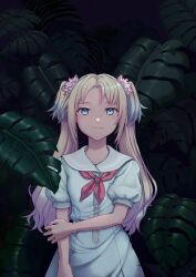 Rule 34 | 1girl, blonde hair, blue dress, blue eyes, blue hair, breast pocket, commentary request, cowboy shot, curtained hair, dress, fang, fang out, flower, gradient hair, hair flower, hair ornament, hand on own elbow, hasu no sora school uniform, highres, link! like! love live!, long hair, looking at viewer, love live!, mono coto, multicolored hair, neckerchief, night, osawa rurino, palm leaf, palm tree, parted bangs, pink flower, pleated dress, pocket, puffy short sleeves, puffy sleeves, red neckerchief, sailor collar, sailor dress, school uniform, short sleeves, skin fang, smile, solo, straight-on, summer uniform, tree, twintails, virtual youtuber, white sailor collar
