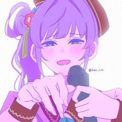 1girl 4th_live_dream_~bloom_the_dream_believers~ :d aurora_flower_(love_live!) commentary_request dream_believers dress flower green_eyes hair_bun hair_flower hair_ornament half-closed_eyes highres holding holding_microphone kzkz_lvlv link!_like!_love_live! long_sleeves love_live! microphone official_alternate_costume open_mouth otomune_kozue pink_dress portrait purple_hair purple_theme red_flower side_ponytail sidelocks single_side_bun smile solo tassel tassel_hair_ornament tearing_up twitter_username virtual_youtuber