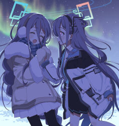 2girls :o aris_(blue_archive) aurora black_pantyhose black_skirt blue_archive blue_hair blue_necktie blue_scarf blush brown_jacket brown_mittens closed_eyes earmuffs fur_trim hair_between_eyes highres jacket kei_(blue_archive) long_hair looking_at_another mittens multiple_girls necktie nichaku official_alternate_costume official_alternate_hairstyle open_mouth pantyhose plaid_clothes plaid_scarf red_eyes scarf shirt sidelocks skirt white_jacket white_shirt white_skirt