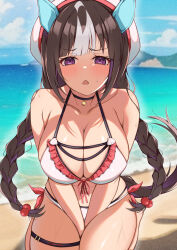 1girl absurdres animal_ears beach bell bikini black_choker blue_sky blush braid breasts brown_hair choker closed_mouth cloud collarbone commentary_request day ear_covers frilled_bikini frills highres hokko_tarumae_(umamusume) horse_ears horse_girl horse_tail jingle_bell large_breasts long_hair looking_at_viewer neck_bell newon ocean open_mouth outdoors purple_eyes sitting sky solo swimsuit tail thigh_strap thighs twin_braids umamusume wariza white_bikini