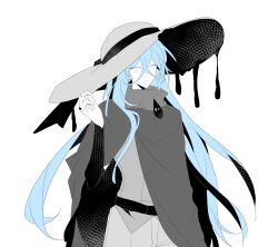 1boy absurdres blue_hair bridal_gauntlets chinese_commentary cloak closed_mouth commentary_request cowboy_shot crossed_bangs double-parted_bangs expressionless greyscale hair_between_eyes hand_up hat high_contrast highres large_hat long_hair long_hair_between_eyes looking_at_viewer monochrome no_pupils official_alternate_costume pants personification plants_vs._zombies plants_vs._zombies_2 shadow_peashooter_(plants_vs._zombies) shirt siiiiiiiiiii simple_background solo spot_color standing sun_hat trap turtleneck very_long_hair white_background