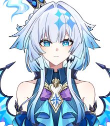 blue_dress blue_eyes blue_hair cerydra_(honkai:_star_rail) closed_mouth crown dress eee3_23 hair_intakes hashtag-only_commentary highres honkai:_star_rail honkai_(series) looking_at_viewer mini_crown simple_background upper_body white_background wings