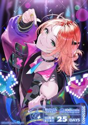 Rule 34 | 1boy, aoi yuta, arm up, armpit crease, black choker, black nails, black tank top, blurry, blurry background, choker, confetti, copyright name, copyright notice, countdown, crop top, dated, demon horns, earrings, ensemble stars!, fake horns, finger heart, fingernails, from side, gradient sleeves, green eyes, grey vest, hair bun, hand up, head tilt, heart, horns, indoors, jacket, jewelry, light smile, long sleeves, looking at viewer, looking to the side, male focus, medium hair, midriff peek, multicolored jacket, nail polish, official alternate costume, official art, okuma mai, orange hair, parted bangs, parted lips, partially unzipped, pink sleeves, print vest, puffy long sleeves, puffy sleeves, purple sleeves, ring, shirt, sideways glance, single bare shoulder, single off shoulder, solo, tank top, turning head, two-sided fabric, two-sided jacket, two-sided vest, upper body, vest, x, yellow jacket, zipper pull tab